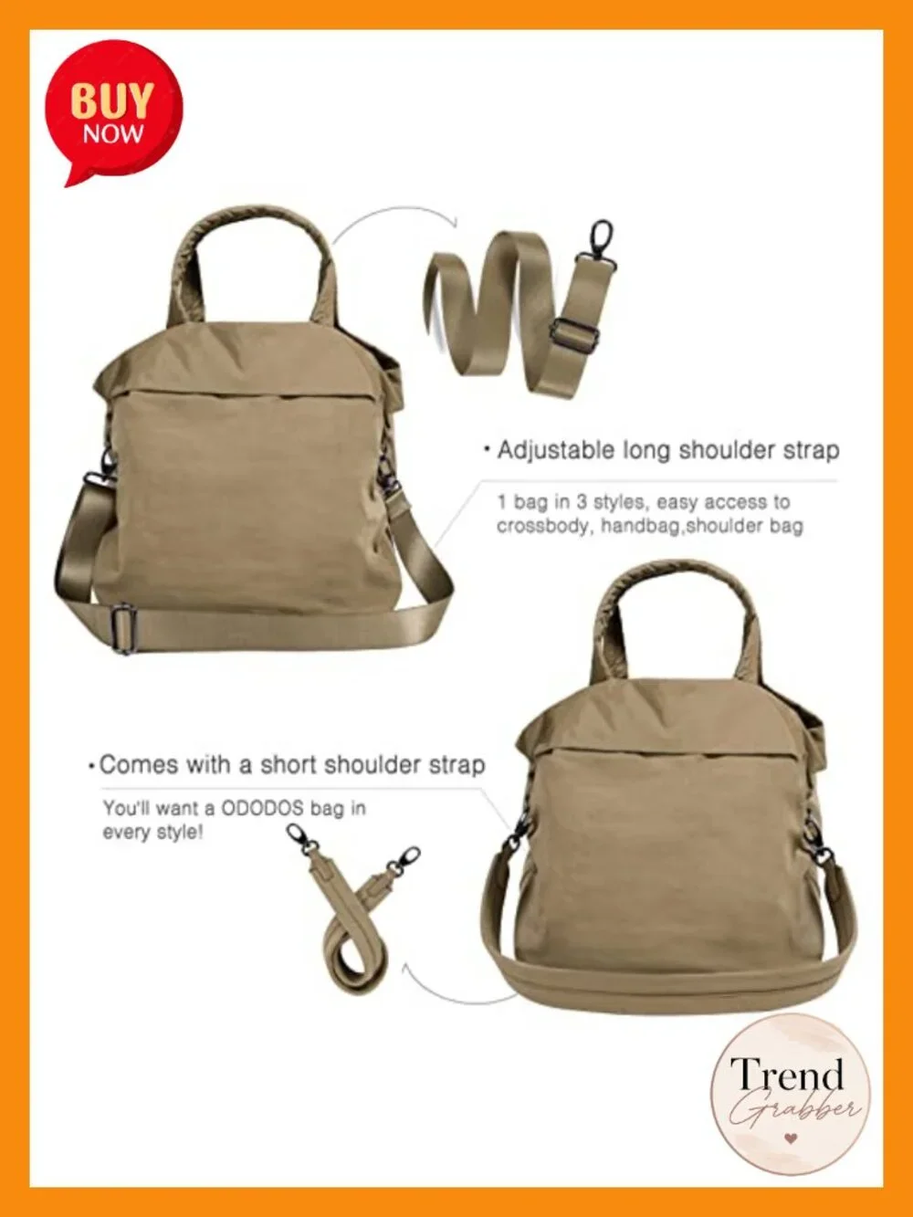 Multi Hobo Bag with 2 Straps, Water-Repellent Nylon Tote, Crossbody Shoulder